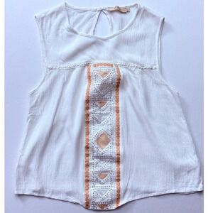 Elodie Embroidered Tank Top Sleeveless‎ Boho Casual White Top Size Large